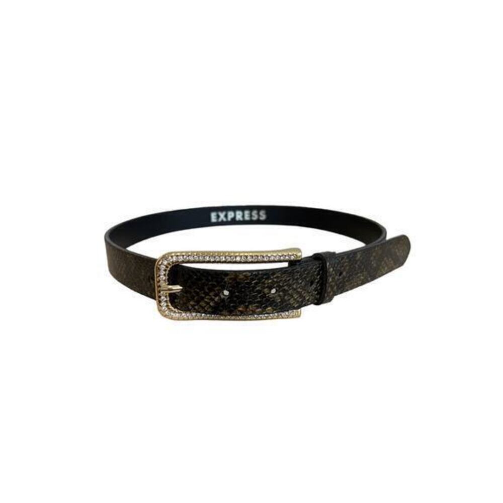 Express Snakeskin Print Leather Belt Womens S Black Gold Rhinestone‎ Buckle Chic